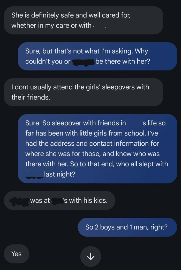 Text message conversation about an 8-year-old's sleepover at mom's boyfriend's house causing a dad to worry. Text message conversation about an 8-year-old's sleepover at mom's boyfriend's house causing a dad to worry.