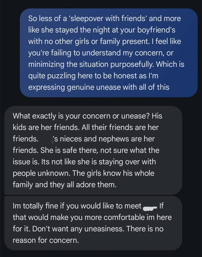 Text message exchange showing a dad expressing concern about his 8-year-old spending the night at mom's boyfriend's house. Text message exchange showing a dad expressing concern about his 8-year-old spending the night at mom's boyfriend's house.