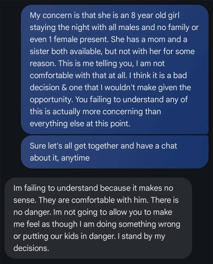Text message conversation about an 8-year-old spending the night at mom's boyfriend's house causing dad to freak out. Text message conversation about an 8-year-old spending the night at mom's boyfriend's house causing dad to freak out.