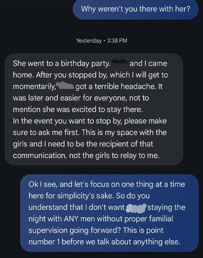 Text message conversation discussing concerns about an 8-year-old spending the night without family or female supervision. Text message conversation discussing concerns about an 8-year-old spending the night without family or female supervision.