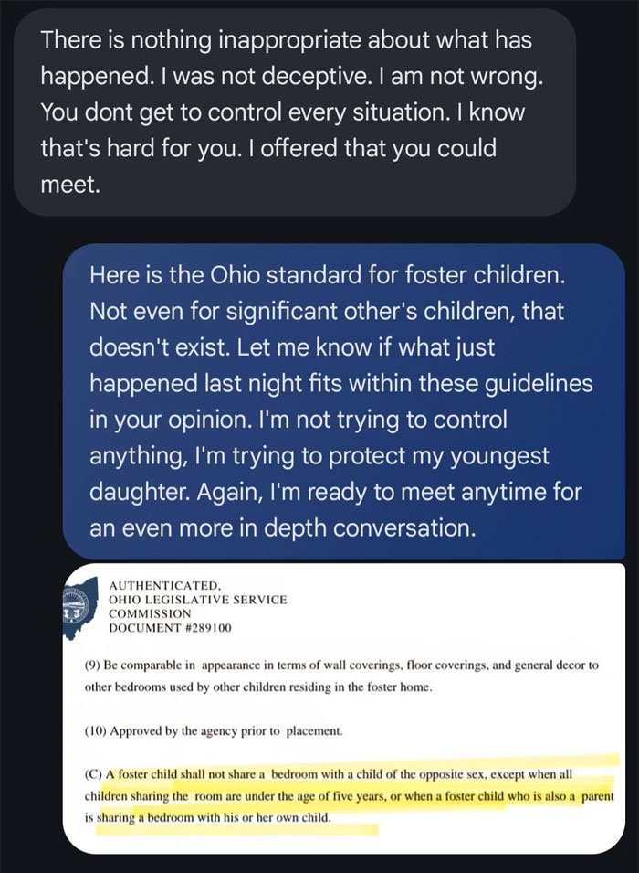 Text message exchange about Ohio foster care standards and concerns over 8-year-old spending the night at mom's boyfriend's house. Text message exchange about Ohio foster care standards and concerns over 8-year-old spending the night at mom's boyfriend's house.