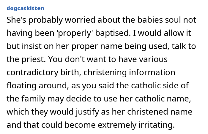 Comment discussing concerns about baby's name and baptism with a focus on proper Christian naming and family tensions.