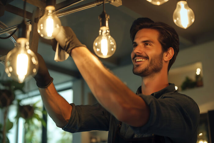Man smiling while changing light bulbs indoors, illustrating deaf people’s surprisingly silent things assumed noisy.
