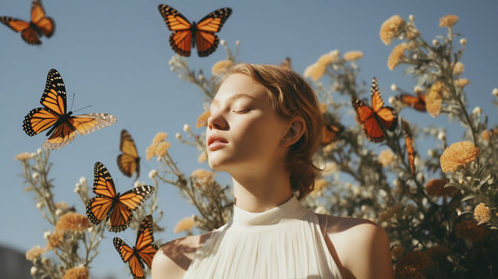 Young woman with closed eyes among flowers and butterflies, representing deaf people’s perspective on surprisingly silent things.