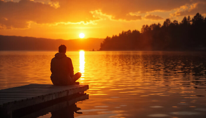 Person sitting silently on a dock at sunset, reflecting on surprisingly silent moments experienced by deaf people.