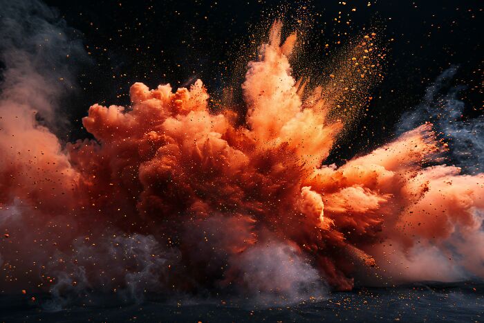 Orange cloud explosion with particles against a dark background illustrating silent things assumed noisy by deaf people.