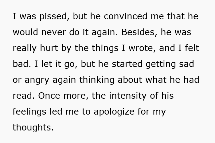 Text excerpt showing emotional conflict after a man reads wife’s diary behind her back and gets upset about its content. Text excerpt showing emotional conflict after a man reads wife’s diary behind her back and gets upset about its content.