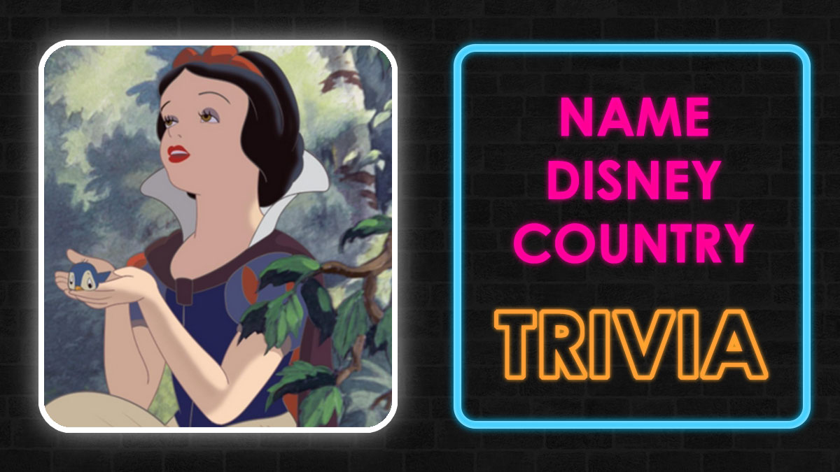 Snow White holding a blue bird beside neon sign with name Disney country trivia, Disney characters matching game concept.