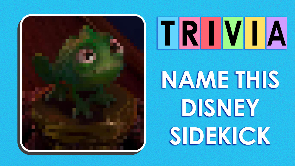Pixelated Disney sidekick character in a trivia challenge asking to name the Disney sidekick on blue background.
