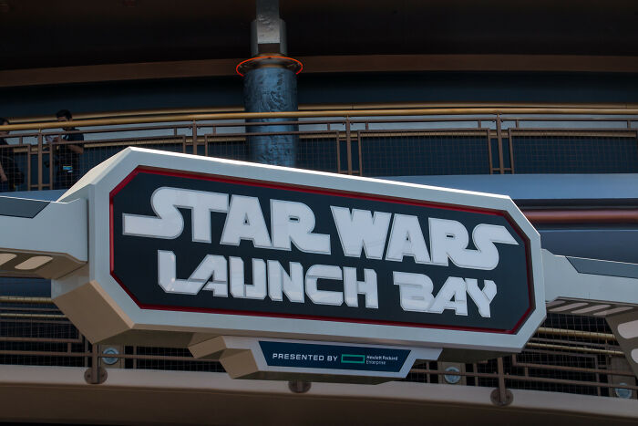 Star Wars Launch Bay sign at Disneyland, part of the outdated land and once adored attraction now seen as an eyesore.