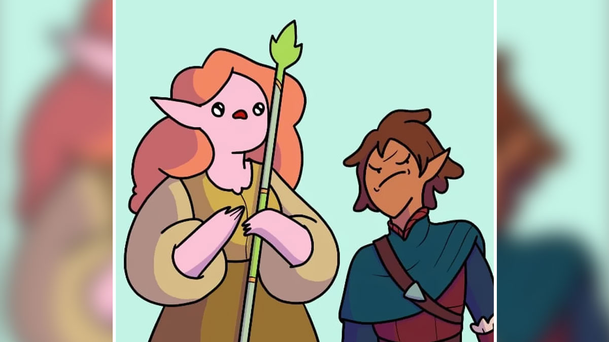 Comic-style drawing of two D&D characters, an elf with a staff and a confident rogue, showing D&D shenanigans and humor.