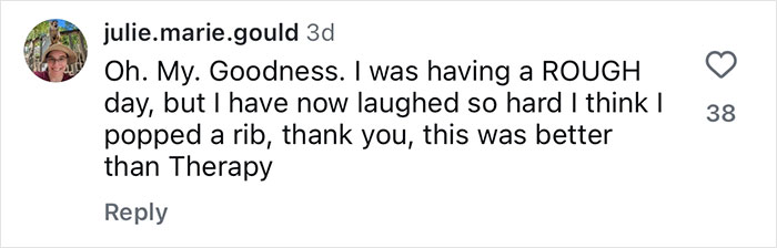 Comment on social media post expressing laughter and relief after seeing man's romantic plans go viral with his little dog floating across the living room. Comment on social media post expressing laughter and relief after seeing man's romantic plans go viral with his little dog floating across the living room.