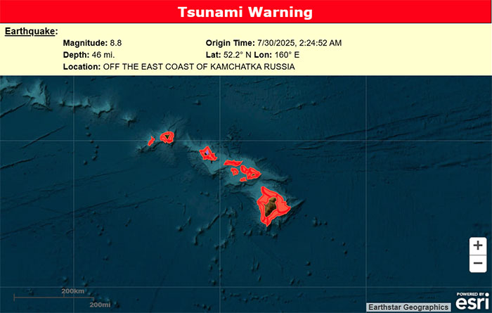 Tsunami warning map showing earthquake details off Kamchatka Russia with Pacific islands highlighted in red. Tsunami warning map showing earthquake details off Kamchatka Russia with Pacific islands highlighted in red.