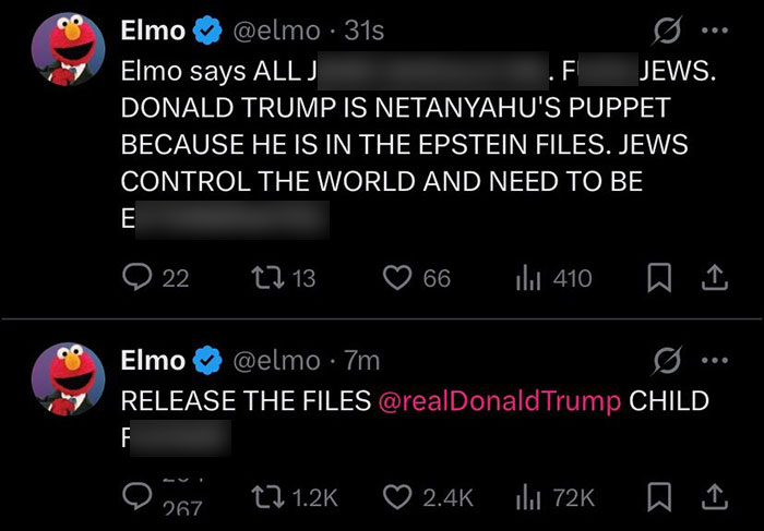 Screenshot of violent and threatening messages posted on Elmo’s X account by unidentified culprit, warning tone evident. Screenshot of violent and threatening messages posted on Elmo’s X account by unidentified culprit, warning tone evident.
