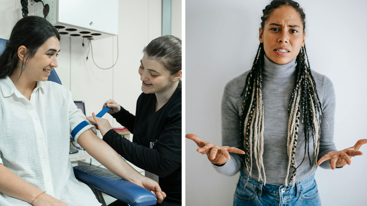 Left medical staff preparing woman for plasma donation, right woman expressing frustration accusing staff of racism and demanding payment