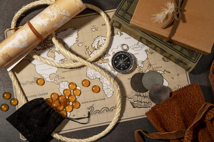 Vintage map with compass, rope, coins, and puzzle items representing escape room employees stories and adventure themes.