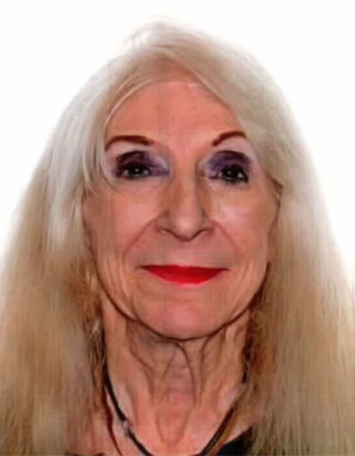 Elderly woman with long blonde hair and red lipstick linked to police discovery of skeletal remains in hoarder ex-cop house of horrors. Elderly woman with long blonde hair and red lipstick linked to police discovery of skeletal remains in hoarder ex-cop house of horrors.
