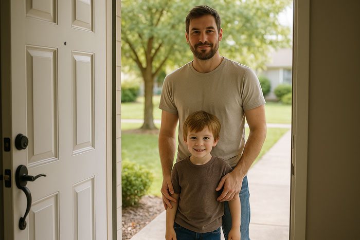 Man and child standing at the front door, illustrating a lady refusing ex's stepkid to use her bathroom over privacy concerns. Man and child standing at the front door, illustrating a lady refusing ex's stepkid to use her bathroom over privacy concerns.