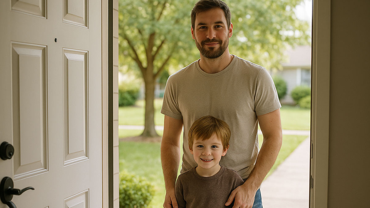 Man with stepkid standing at open front door outside a suburban home, relating to bathroom refusal and snooping suspicions.