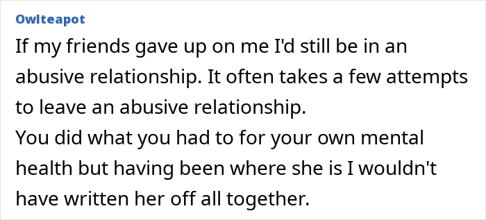 Comment text about supporting a friend in an abusive marriage, discussing mental health and the challenges of leaving. Comment text about supporting a friend in an abusive marriage, discussing mental health and the challenges of leaving.