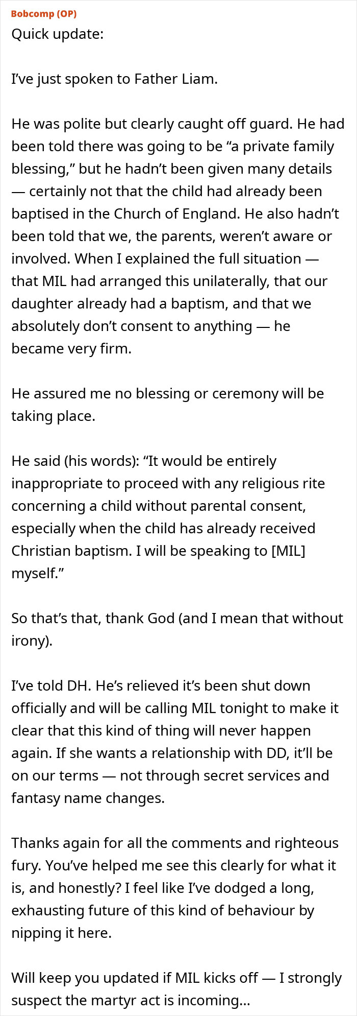 Text post about MIL demanding a more Christian name for baby, and mom feeling very uncomfortable with the situation.