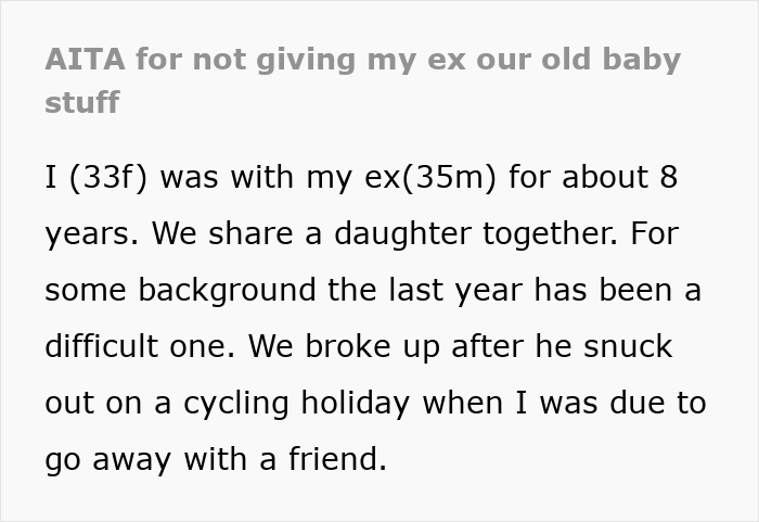 Text excerpt discussing a man prioritizing a cycling holiday over spending time with his daughter and partner’s plans. Text excerpt discussing a man prioritizing a cycling holiday over spending time with his daughter and partner’s plans.