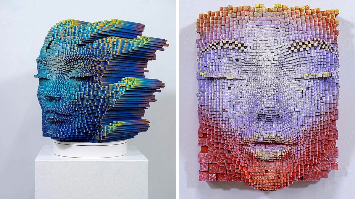 Hypnotic 3D faces crafted from wooden sticks with vibrant colors and intricate details, appearing lifelike and dynamic.