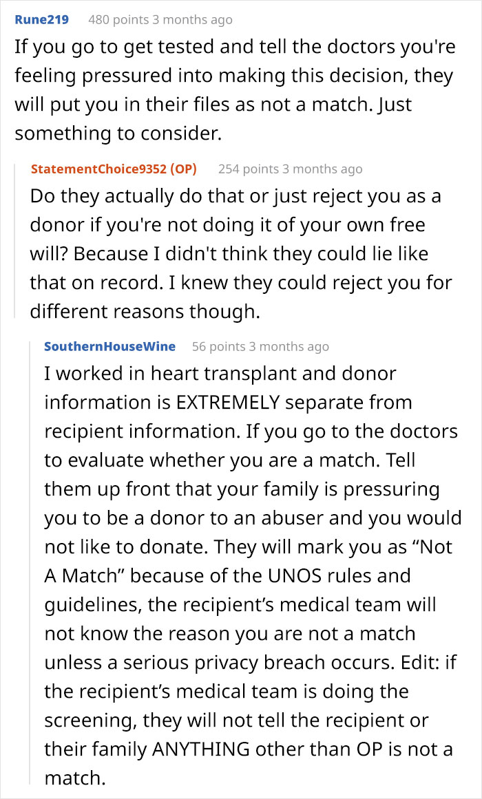 Reddit users discuss organ donation refusal and heart transplant donor privacy related to abusive family situations. Reddit users discuss organ donation refusal and heart transplant donor privacy related to abusive family situations.