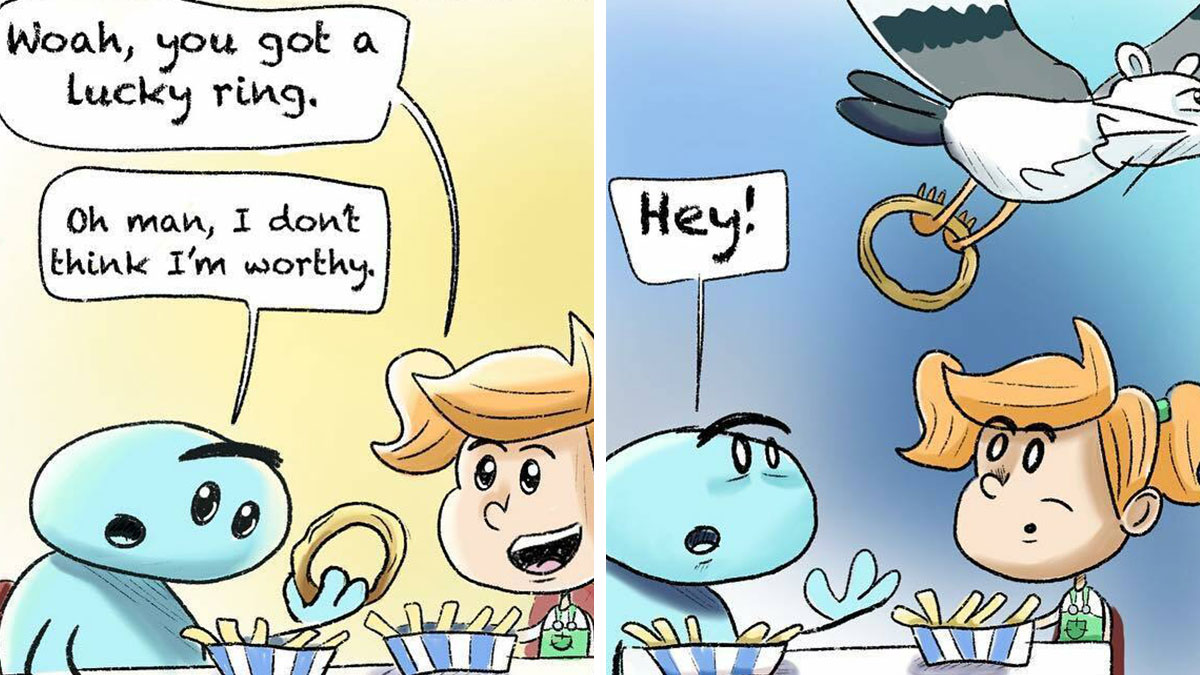 Comic panels showing a girl and her spider best friend sharing a lucky ring in a wholesome yet unhinged moment.