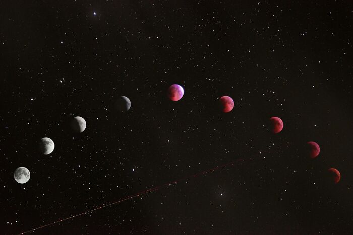 Various phases of a lunar eclipse captured against a starry night sky, illustrating bizarre beliefs debunked by science.