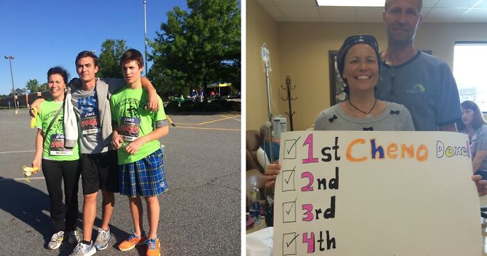 Woman who survived cancer three times holding a sign with chemotherapy milestones, standing with a supportive man.