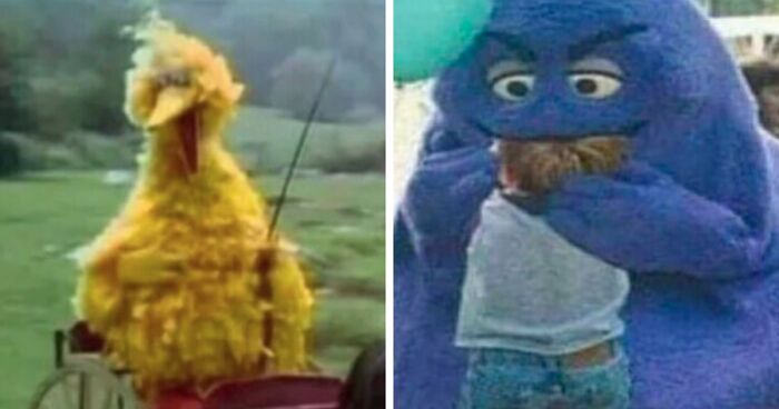 Yellow bird character sitting on a cart fishing outdoors next to a person hugging a large blue mascot costume meme