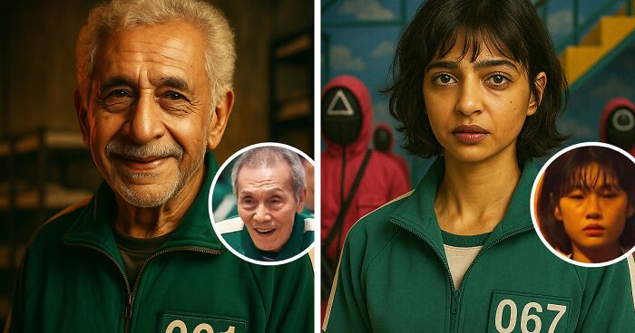 Portraits of Bollywood stars reimagined as Squid Game players wearing numbered green tracksuits with intense expressions.