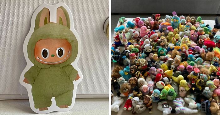 Large collection of vintage plush toys and a cardboard cutout showing being there before it was cool.