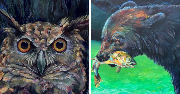 Close-up painting of an owl and a bear catching a fish, showcasing art that merges wildlife conservation themes.