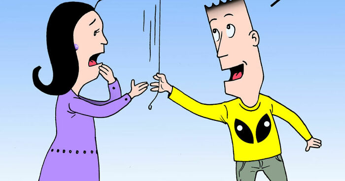 Two characters from Wences comic strips, a woman in purple and a man in a yellow shirt interacting in a cartoon style.