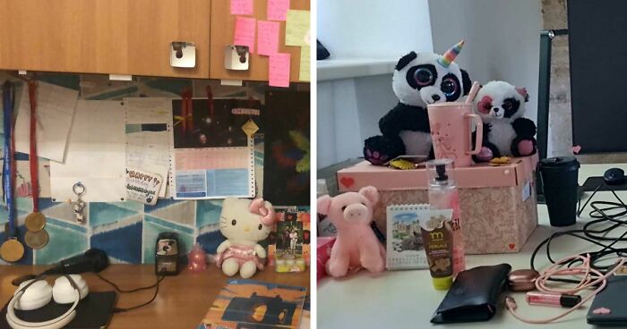 Desk setup with stuffed pandas, headphones, notes, and various small items arranged on a workspace surface.