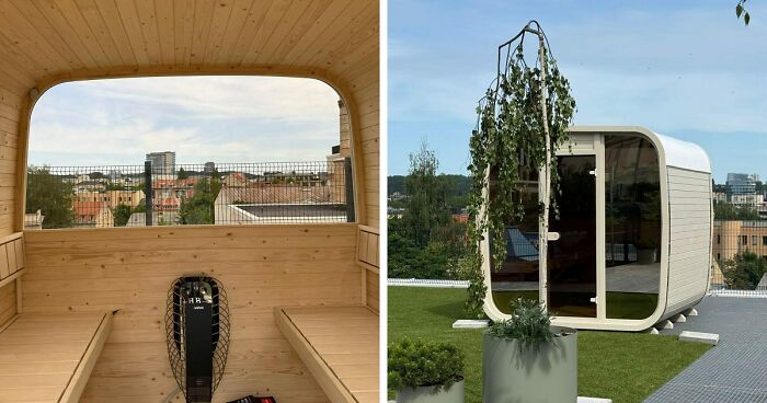 Minimalist sauna Ula with wooden interior and rooftop setting overlooking Vilnius cityscape and greenery.