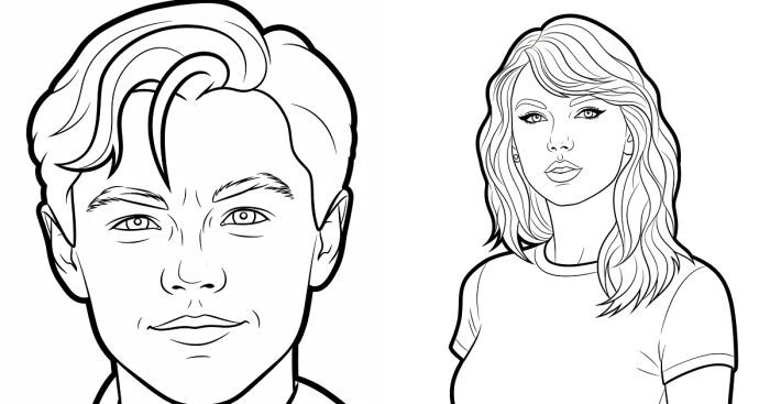 Black and white coloring pages of popular celebrities featuring detailed facial features and hairstyles for creative coloring.