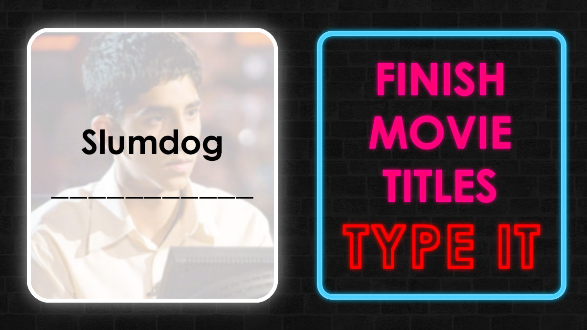 Young man from Slumdog Millionaire movie with a neon sign prompting to finish movie titles from memory quiz.