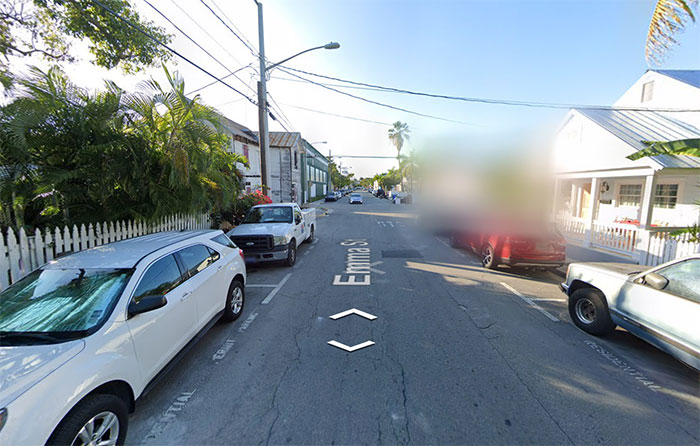 Residential street in Florida with parked cars and palm trees relating to Florida woman attacking driver over chicken incident Residential street in Florida with parked cars and palm trees relating to Florida woman attacking driver over chicken incident