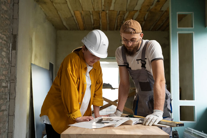 Woman consulting contractors in home under renovation, discussing remodeling plans with a focused expression. Woman consulting contractors in home under renovation, discussing remodeling plans with a focused expression.
