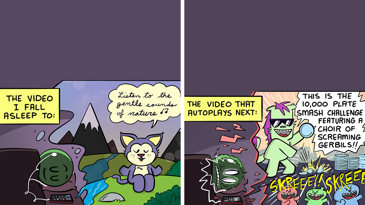 Comic panels showing humor in challenges with a character falling asleep to nature sounds then an autoplay plate smash challenge.