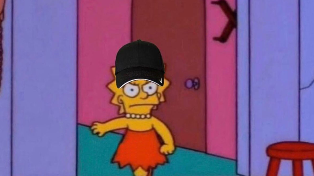 Lisa Simpson wearing a black Nike cap with an angry expression, perfect for gym memes and fitness humor.