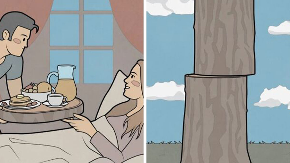 Two-panel comic by Anton Gudim showing absurd societal commentary with breakfast in bed and a segmented tree trunk outdoors.