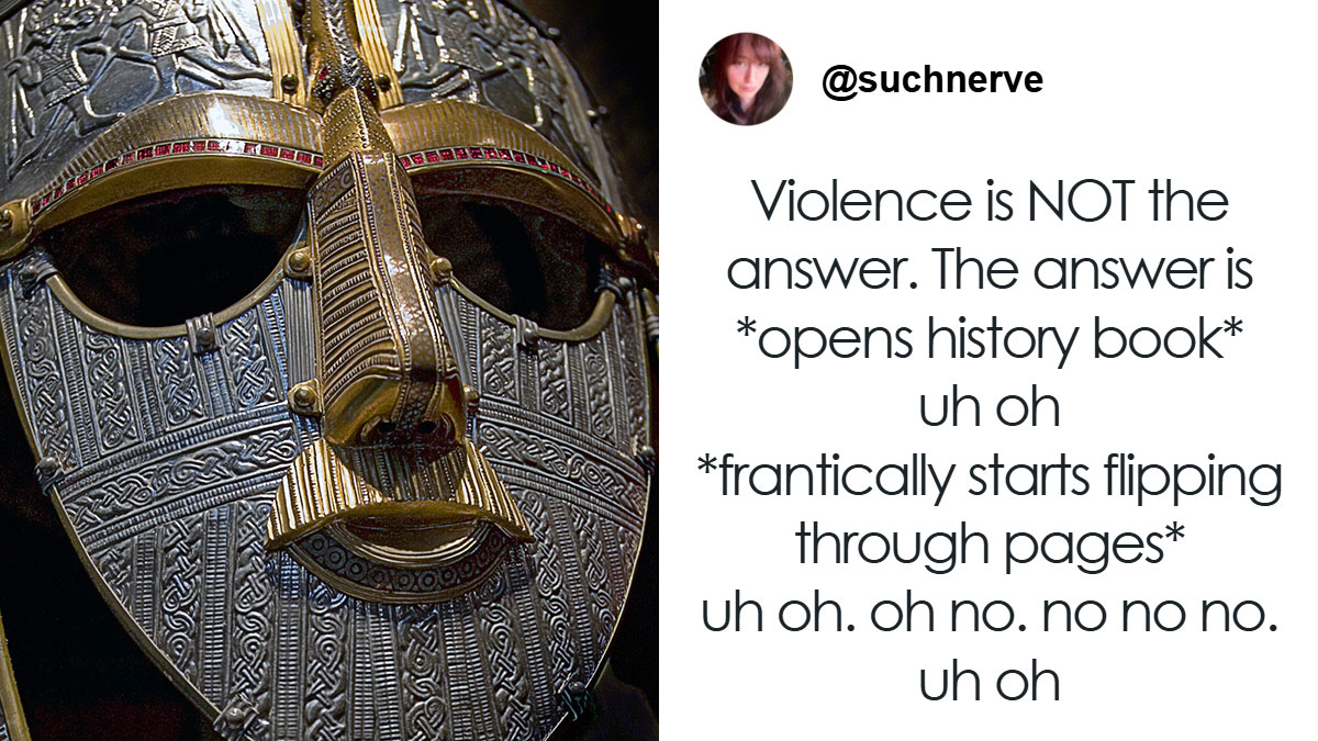 Intricately designed ancient metal helmet beside a humorous history meme about violence and historical events.