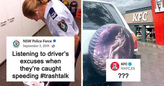 Collage of hilarious official accounts posts featuring a police officer and a humorous KFC car decal outside a restaurant.