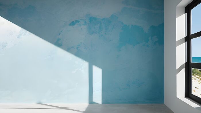 Empty modern room with bright sunlight casting shadows on a blue wall and large window showing a beach view.