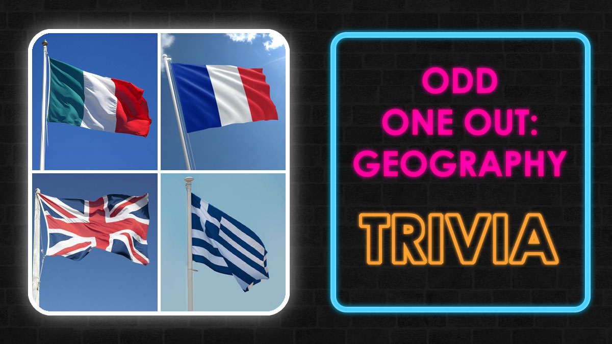 Four country flags including Italy, France, UK, Greece with neon text Odd One Out Geography Trivia quiz concept.