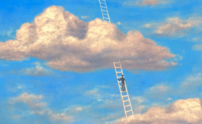 Person climbing a ladder into a cloud in a blue sky, illustrating religious myths about Jesus and the Bible.